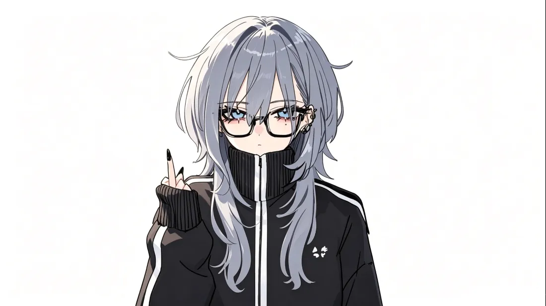 3k银灰狼尾JK少女壁纸｜纯白背景图片 - 黑框眼镜酷女孩「哲风壁纸」