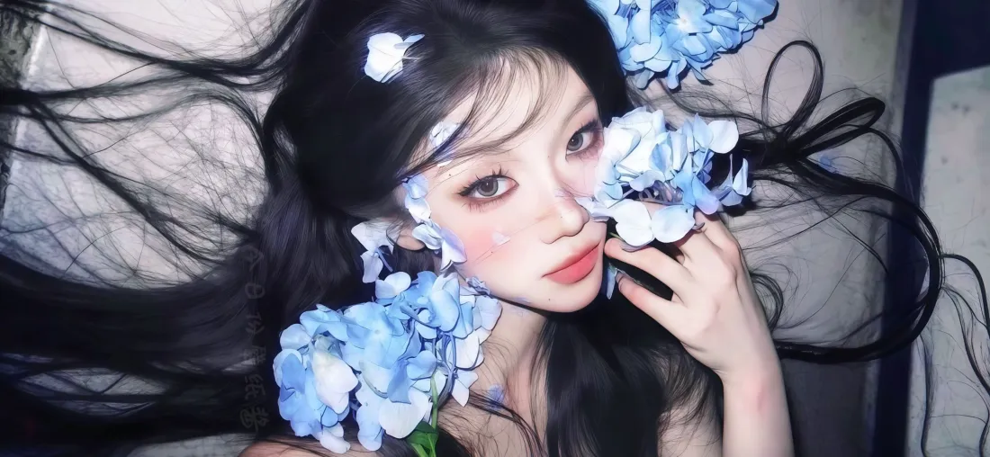 3k蓝花装饰美女壁纸｜自然氛围感背景图片 - 艺术人像「哲风壁纸」