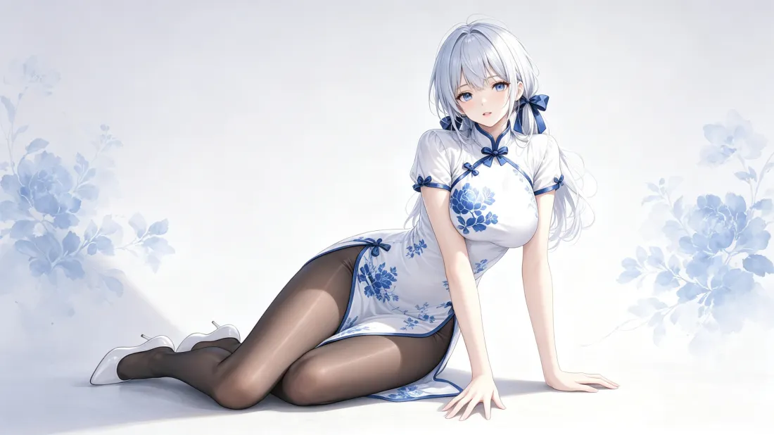 3k银发旗袍少女壁纸｜蓝白青花简约背景图片 - 二次元插画「哲风壁纸」