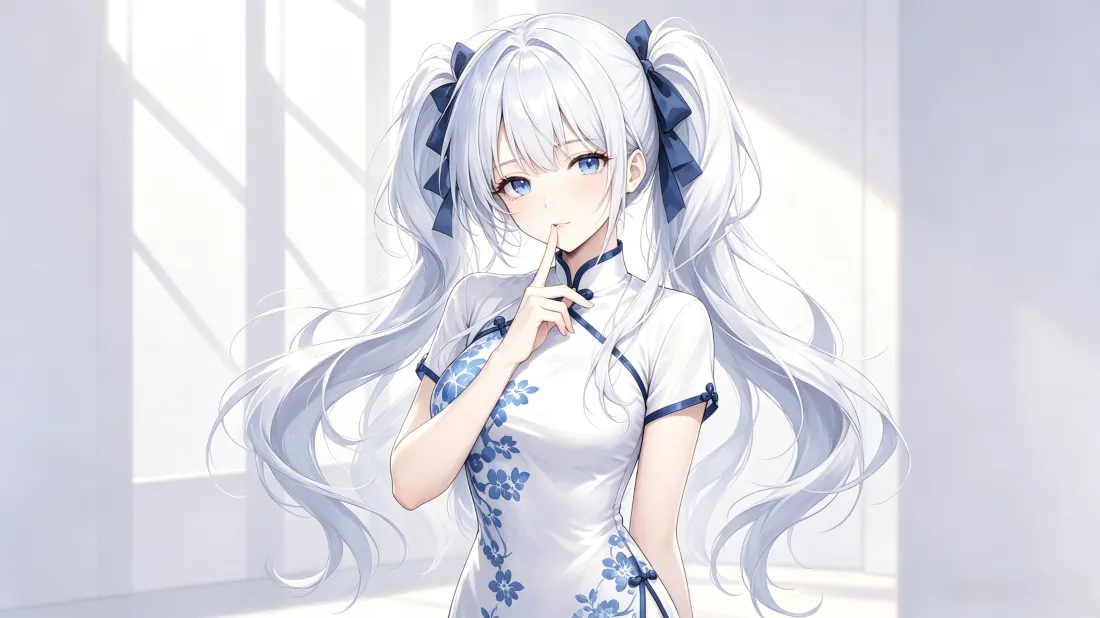 3k青花旗袍少女壁纸｜二次元银发双马尾背景图片 - 蓝瞳「哲风壁纸」