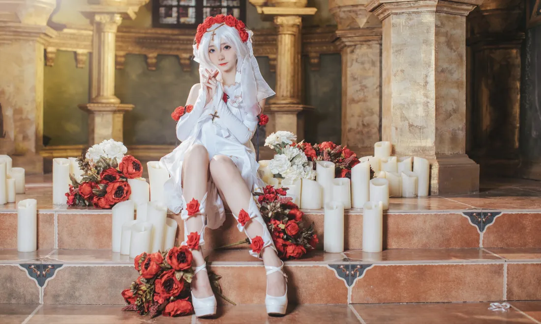4k崩坏3德丽莎花裳月纱壁纸｜教堂烛台玫瑰背景图片 - 南桃Momoko cos「哲风壁纸」
