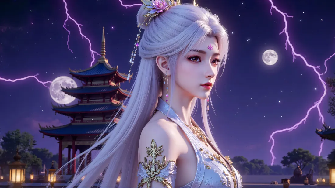 6k梦可儿壁纸｜神墓古风月夜背景图片 - 闪电塔楼3D角色「哲风壁纸」