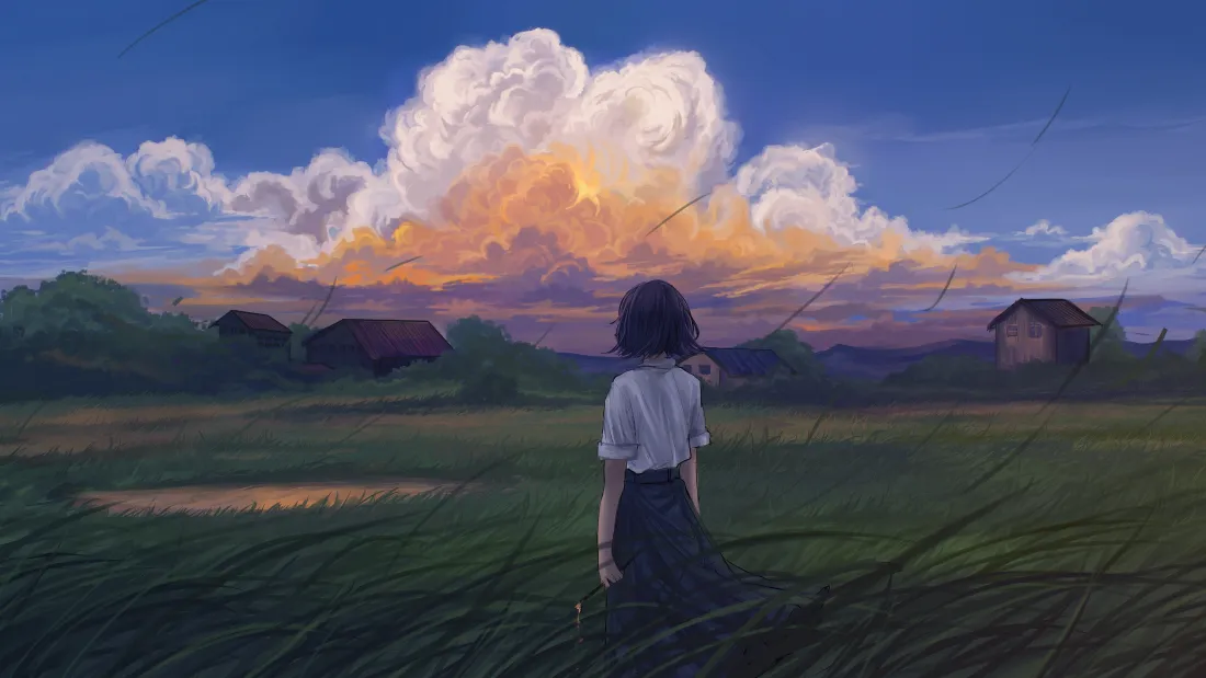 4k动漫少女壁纸｜傍晚乡村田野背景图片 - 治愈晚霞风景「哲风壁纸」