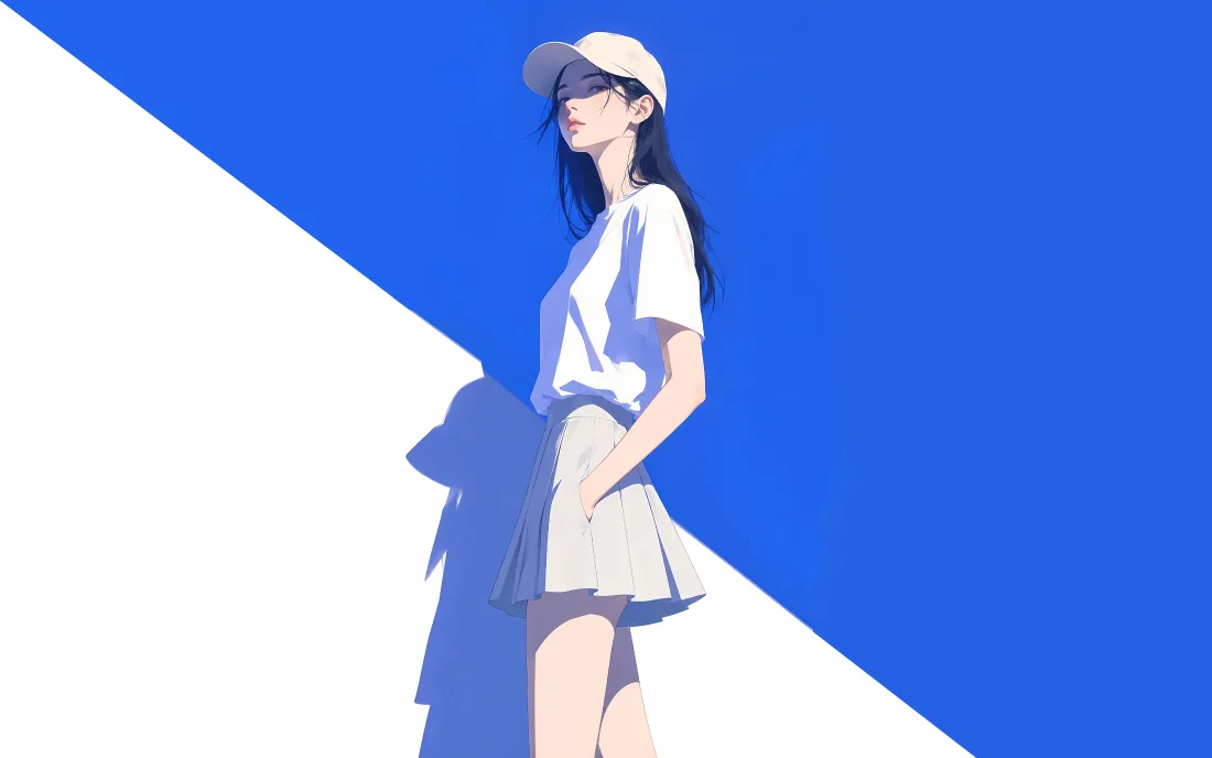 4k二次元少女壁纸｜蓝白撞色背景图片 - 休闲简约穿搭「哲风壁纸」