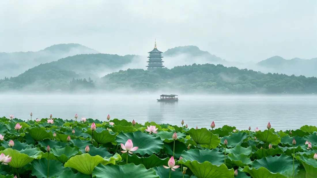 3k杭州西湖壁纸｜雷峰塔荷塘背景图片 - 雾景山峦游船「哲风壁纸」