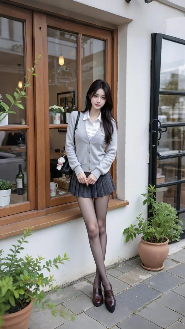 JK制服美女手机壁纸｜街边咖啡店背景图片 - 气质穿搭写真「哲风壁纸」