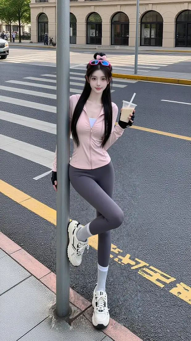 粉色瑜伽服美女手机壁纸｜城市街道背景图片 - 时尚穿搭「哲风壁纸」