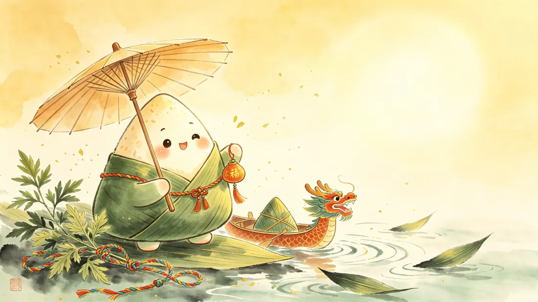 3k端午卡通粽子壁纸｜国风插画背景图片 - 龙舟艾草节日「哲风壁纸」