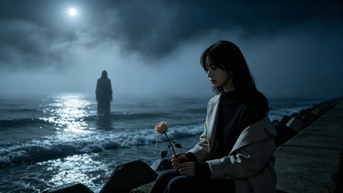 3k海边美女壁纸｜月夜海岸背景图片 - 氛围感人像「哲风壁纸」