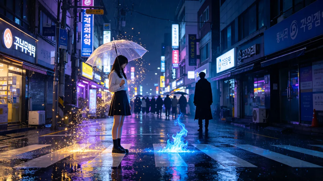 3k打伞少女壁纸｜雨夜城市街道背景图片 - 都市霓虹氛围感「哲风壁纸」