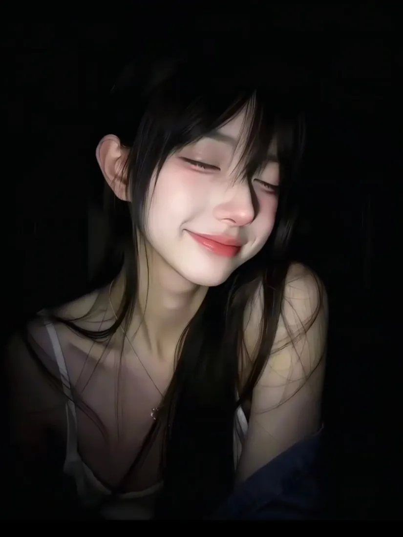 微笑甜妹手机壁纸｜纯黑背景图片 - 氛围感闭眼长发女生「哲风壁纸」