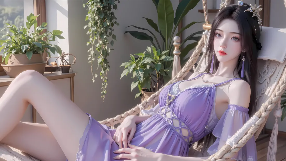 8k紫灵壁纸｜吊椅绿植背景图片 - 凡人修仙传动漫古风美女「哲风壁纸」