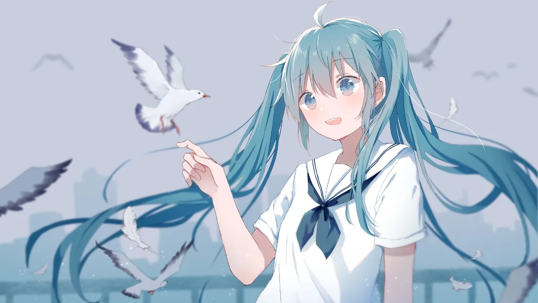 2k初音未来壁纸｜海鸥海边背景图片 - 二次元少女插画「哲风壁纸」