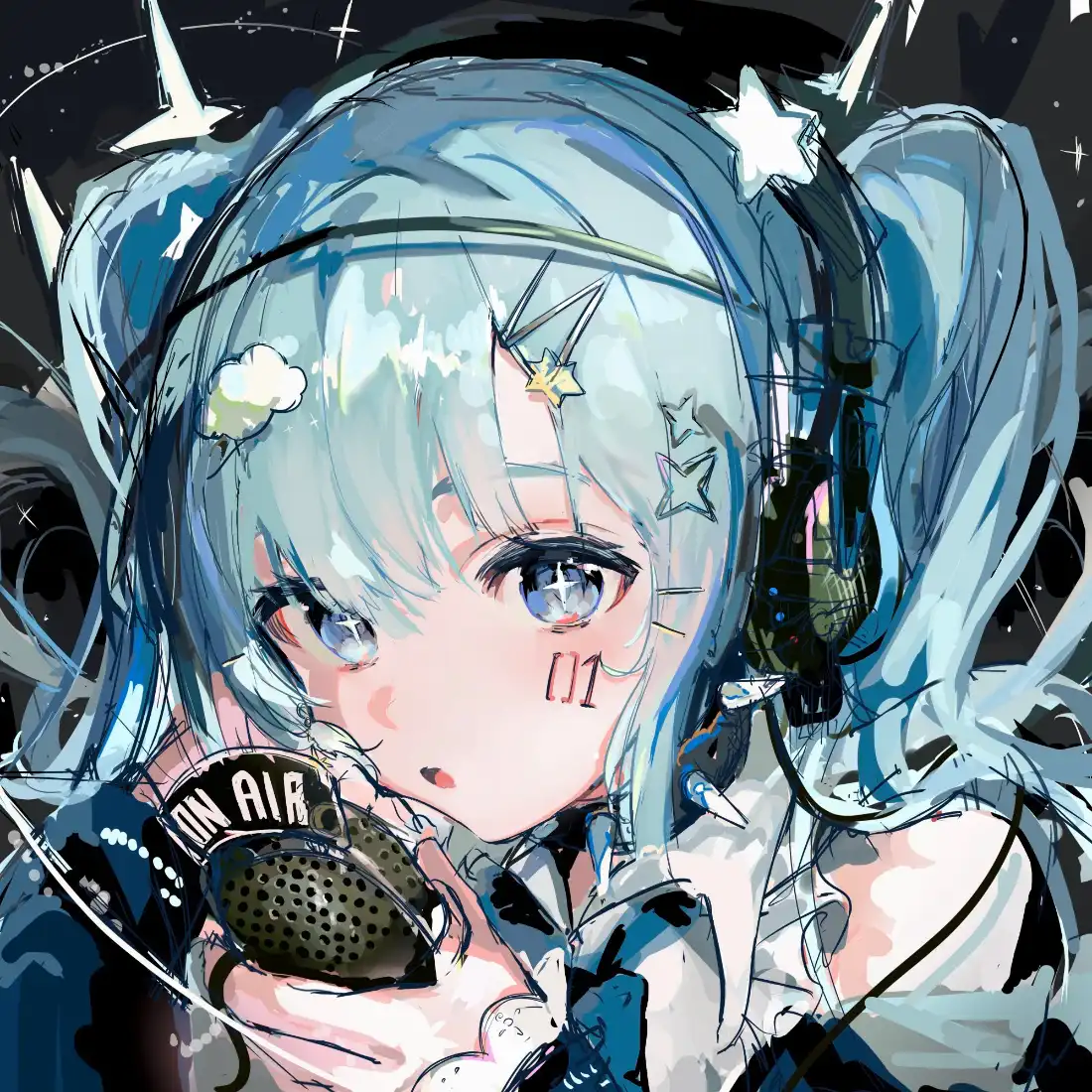 初音未来手机壁纸｜耳机麦克风星星背景图片 - 蓝发双马尾少女「哲风壁纸」