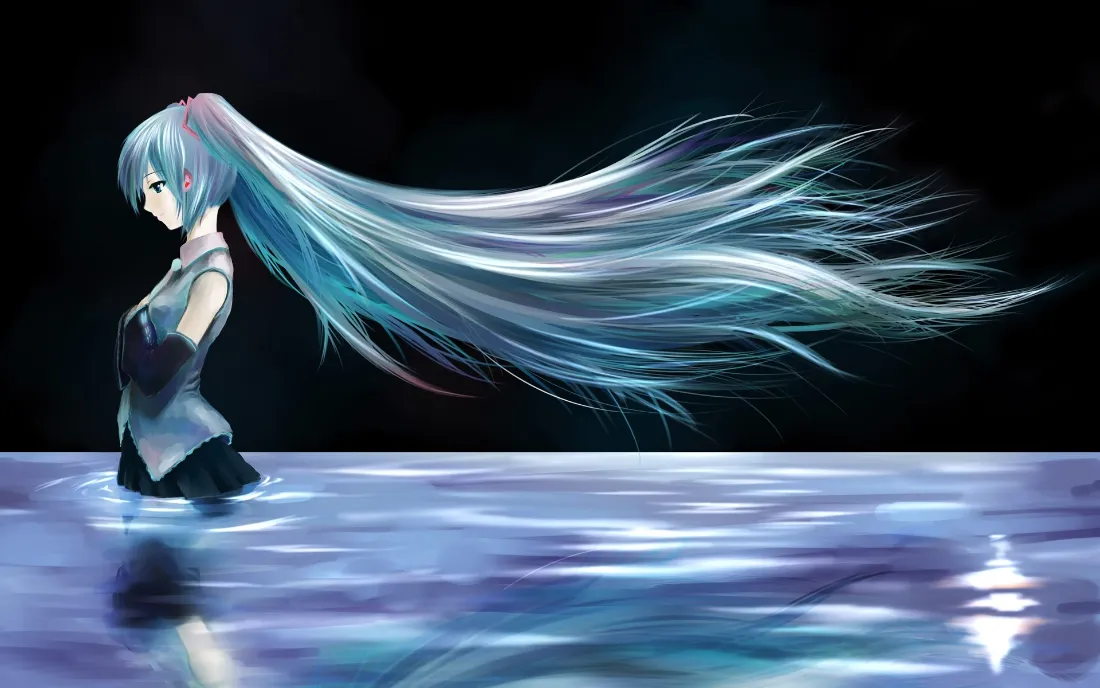 2k初音未来壁纸｜水面倒影背景图片 - 蓝长发侧颜少女「哲风壁纸」