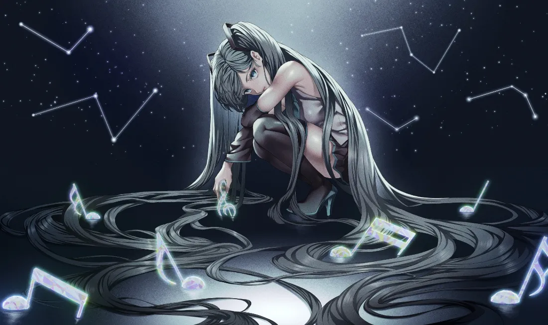 2k初音未来壁纸｜星空音符背景图片 - 二次元蹲姿少女「哲风壁纸」