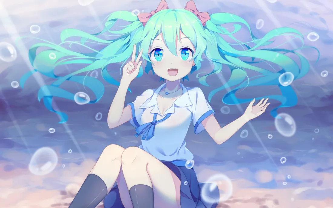 3k初音未来壁纸｜水下气泡背景图片 - 水手服双马尾少女「哲风壁纸」