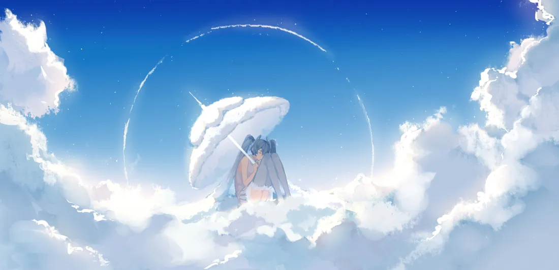 5k初音未来壁纸｜蓝天白云背景图片 - 云端打伞少女「哲风壁纸」