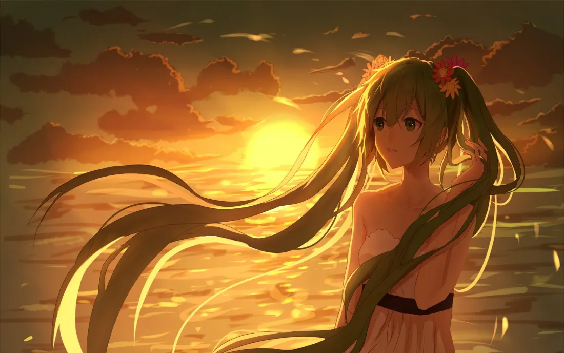 4k初音未来壁纸｜海边日落背景图片 - 双马尾二次元少女「哲风壁纸」