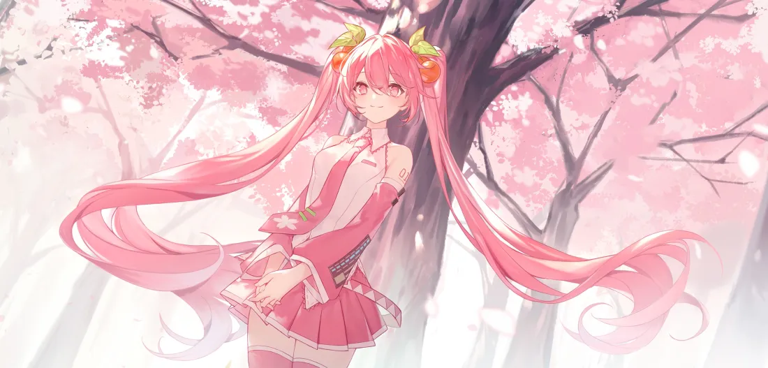 3k初音未来壁纸｜樱花树背景图片 - 粉色双马尾少女「哲风壁纸」