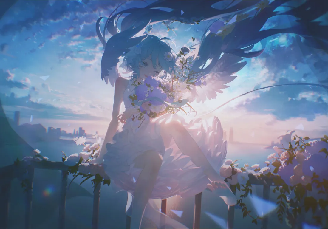 5k初音未来壁纸｜天空云端背景图片 - 逆光羽翼少女「哲风壁纸」