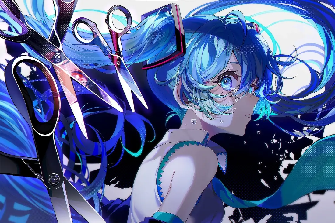 2k初音未来壁纸｜蓝发剪刀耳机背景图片 - 日系二次元插画「哲风壁纸」