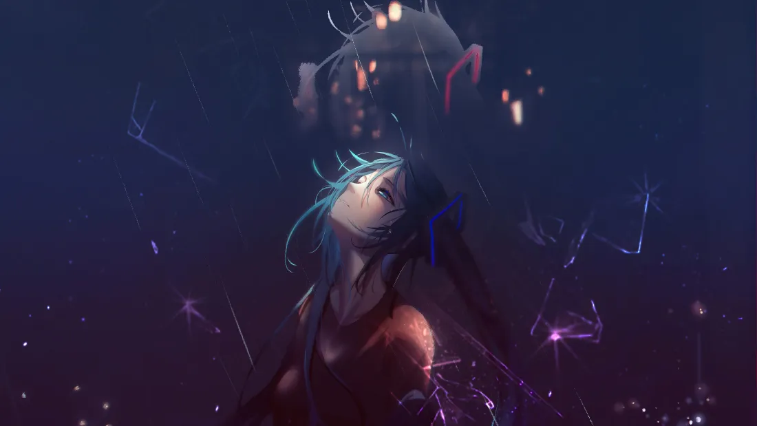 4k初音未来壁纸｜暗调粒子背景图片 - 蓝发二次元少女「哲风壁纸」