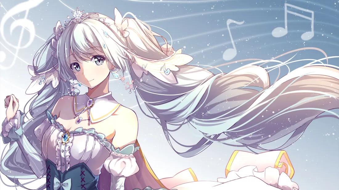 2k初音未来壁纸｜音符飘曳背景图片 - 银发双马尾二次元少女「哲风壁纸」
