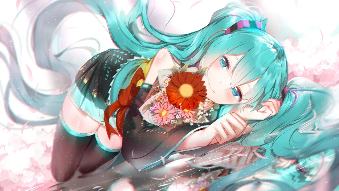 2k初音未来壁纸｜鲜花粉色背景图片 - 二次元蓝发少女插画「哲风壁纸」
