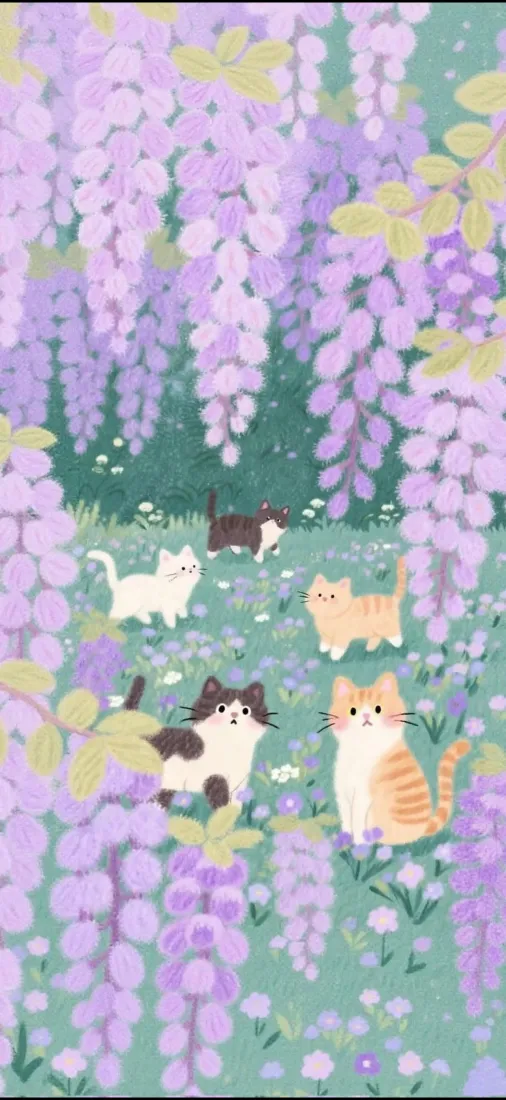 小猫手机壁纸｜薰衣草花丛背景图片 - 治愈萌系可爱插画「哲风壁纸」