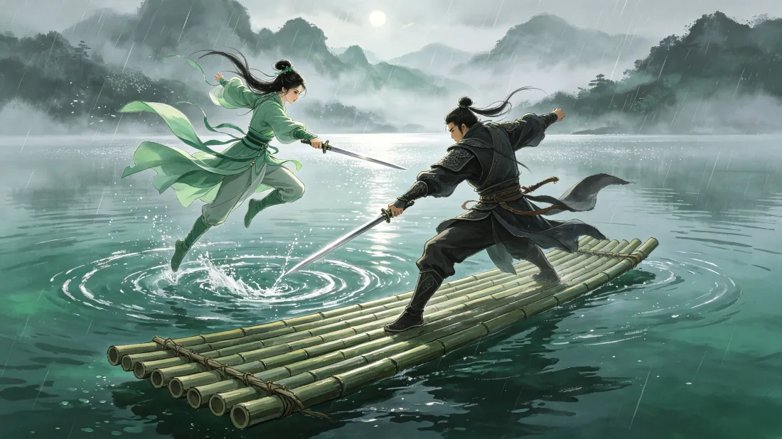 3k国风武侠壁纸｜水墨江湖背景图片 - 竹筏剑客对决「哲风壁纸」