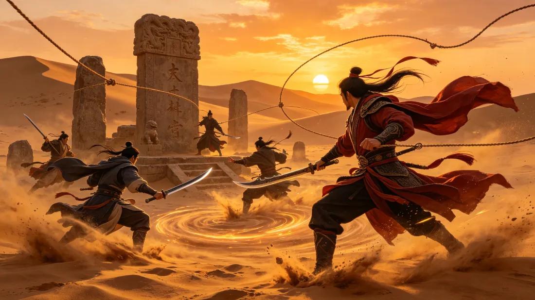 3k国风武侠壁纸｜沙漠对决背景图片 - 落日侠客古风场景「哲风壁纸」