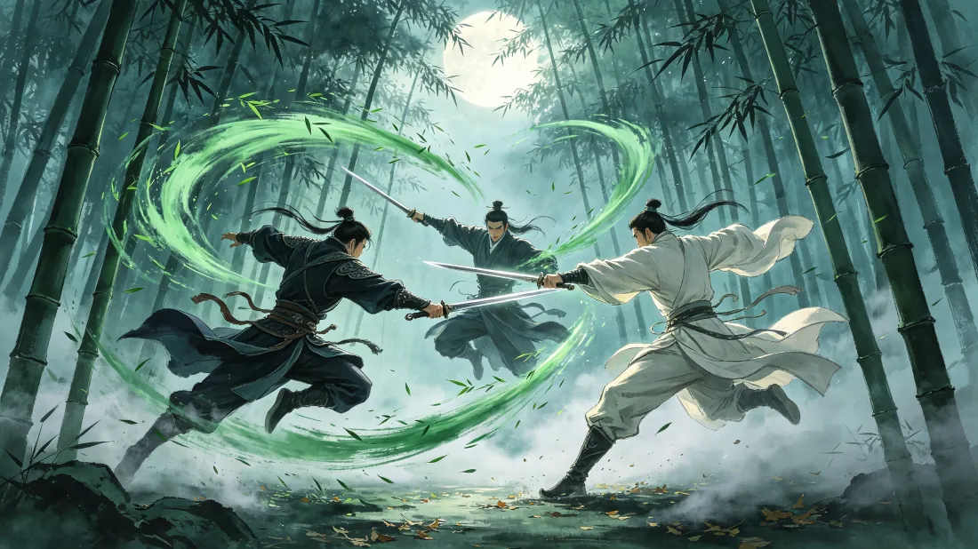 3k国风武侠剑客壁纸｜月夜竹林对战背景图片 - 古装打斗「哲风壁纸」