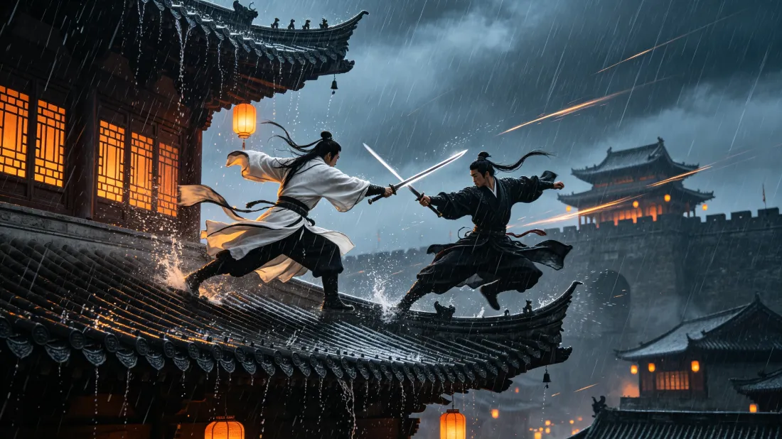 3k国风武侠壁纸｜古建雨夜屋顶背景图片 - 剑客对决「哲风壁纸」