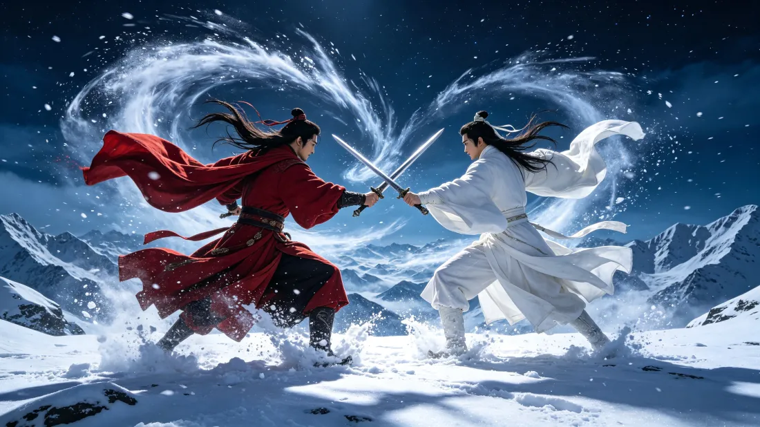 3k国风武侠壁纸｜雪山比剑背景图片 - 红衣白衣侠客对决「哲风壁纸」