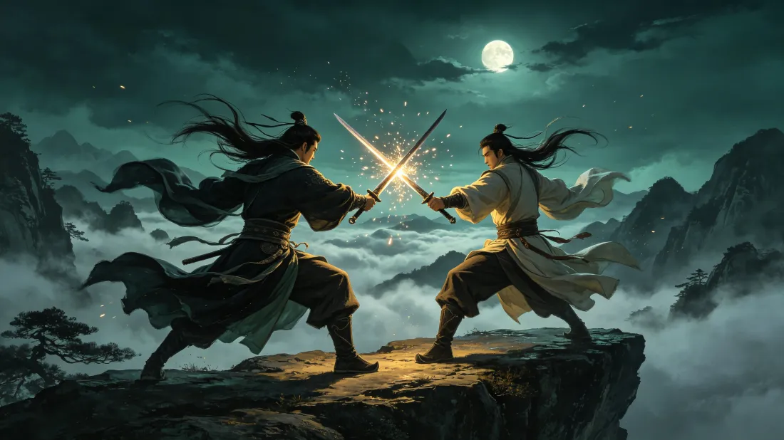 3k国风武侠壁纸｜月夜云海悬崖背景图片 - 江湖剑客对决「哲风壁纸」