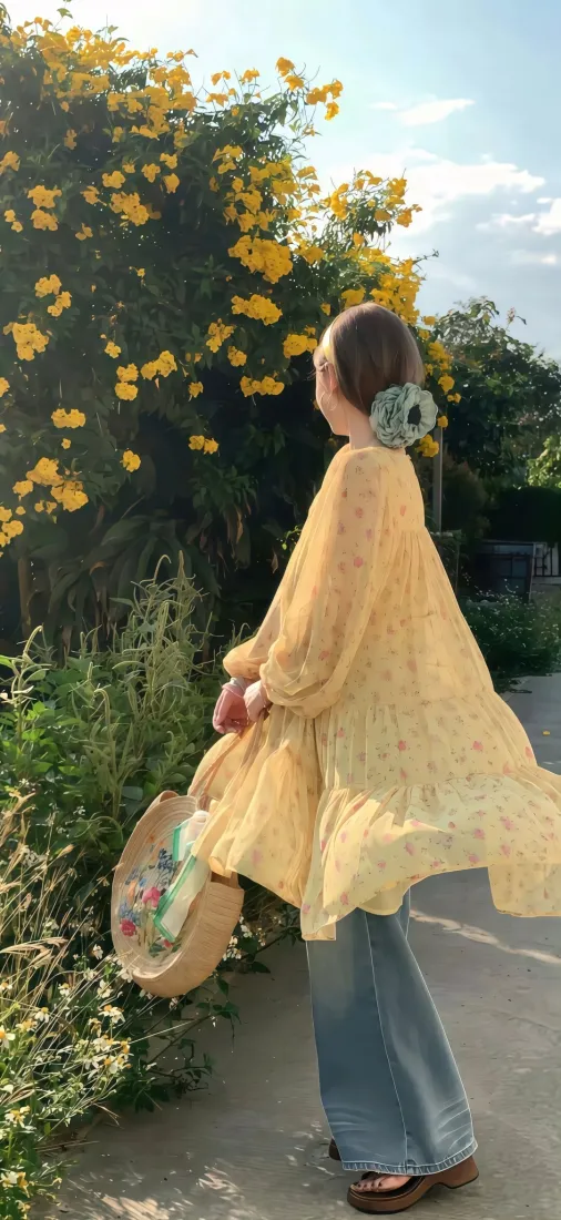 黄裙美女手机壁纸｜菊花盛放户外背景图片 - 清新闲适「哲风壁纸」
