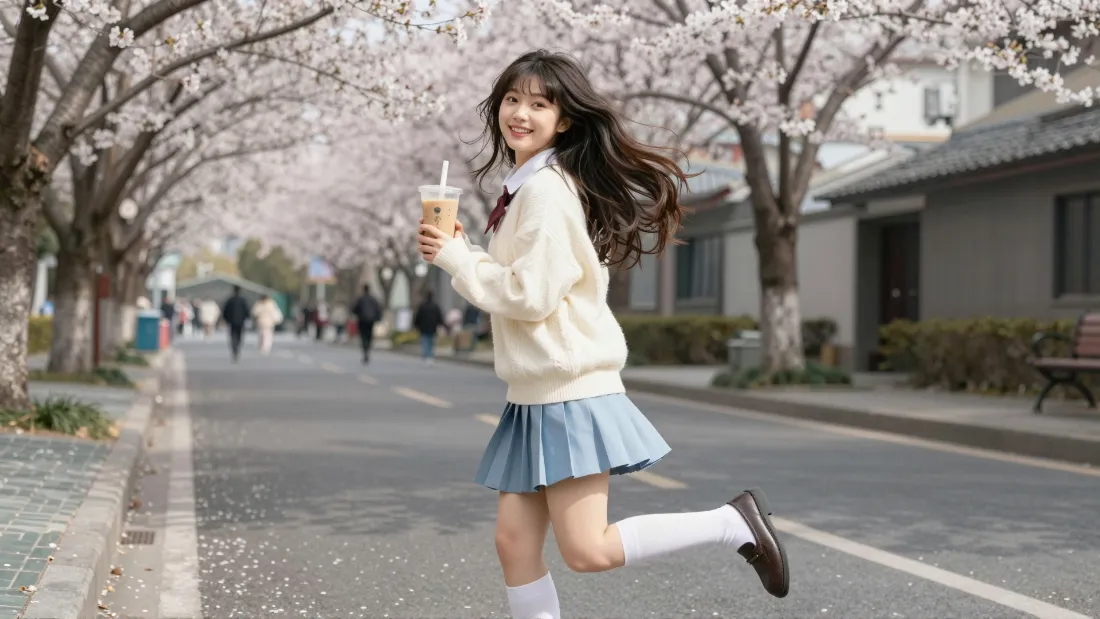 2k元气女孩壁纸｜樱花街道背景图片 - 手持奶茶治愈少女「哲风壁纸」