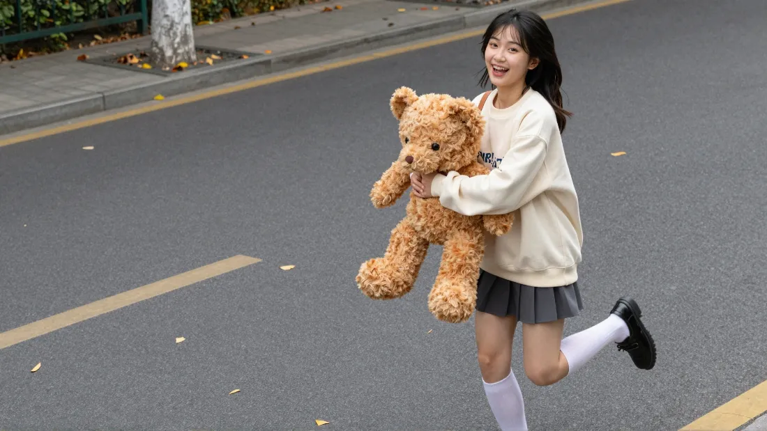 2k萌系少女壁纸｜抱泰迪熊户外街拍背景图片 - 治愈可爱「哲风壁纸」