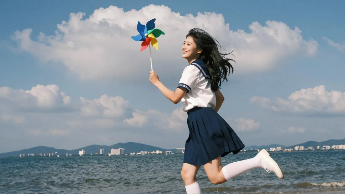 2k海边少女壁纸｜蓝天大海背景图片 - 青春活力奔跑少女「哲风壁纸」