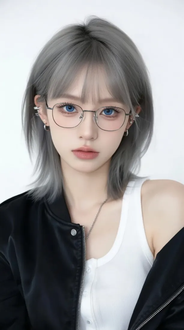 异瞳眼镜女孩手机壁纸｜纯白背景图片 - 银灰短发酷飒少女「哲风壁纸」