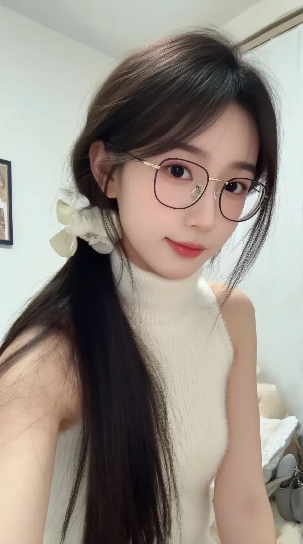 眼镜美女手机壁纸｜高领毛衣居家背景图片 - 清纯气质人像「哲风壁纸」