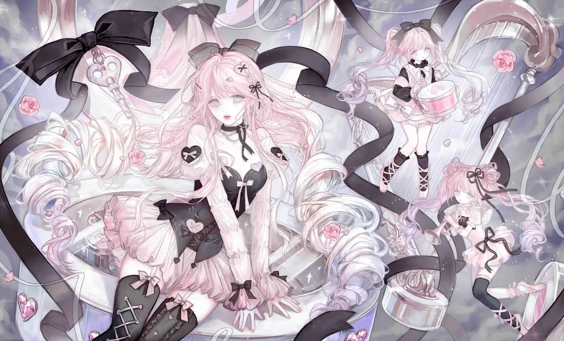 4k粉发萝莉壁纸｜暗黑丝带背景图片 - 二次元少女插画「哲风壁纸」