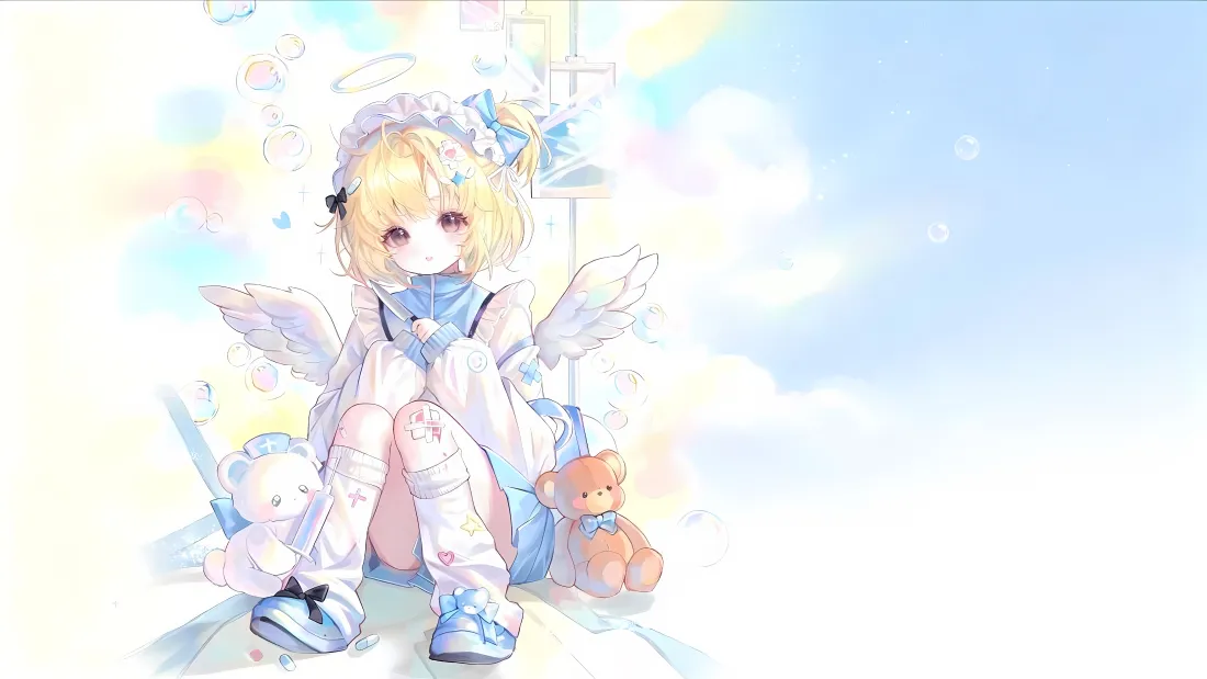 2k金发天使少女壁纸｜蓝天白云背景图片 - 软萌清新插画「哲风壁纸」