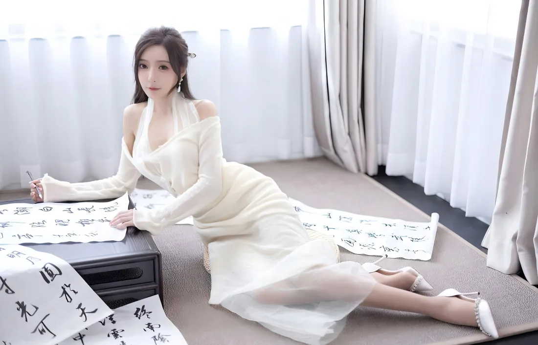3k女模特壁纸｜毛笔字书法背景图片 - 室内国风写真「哲风壁纸」