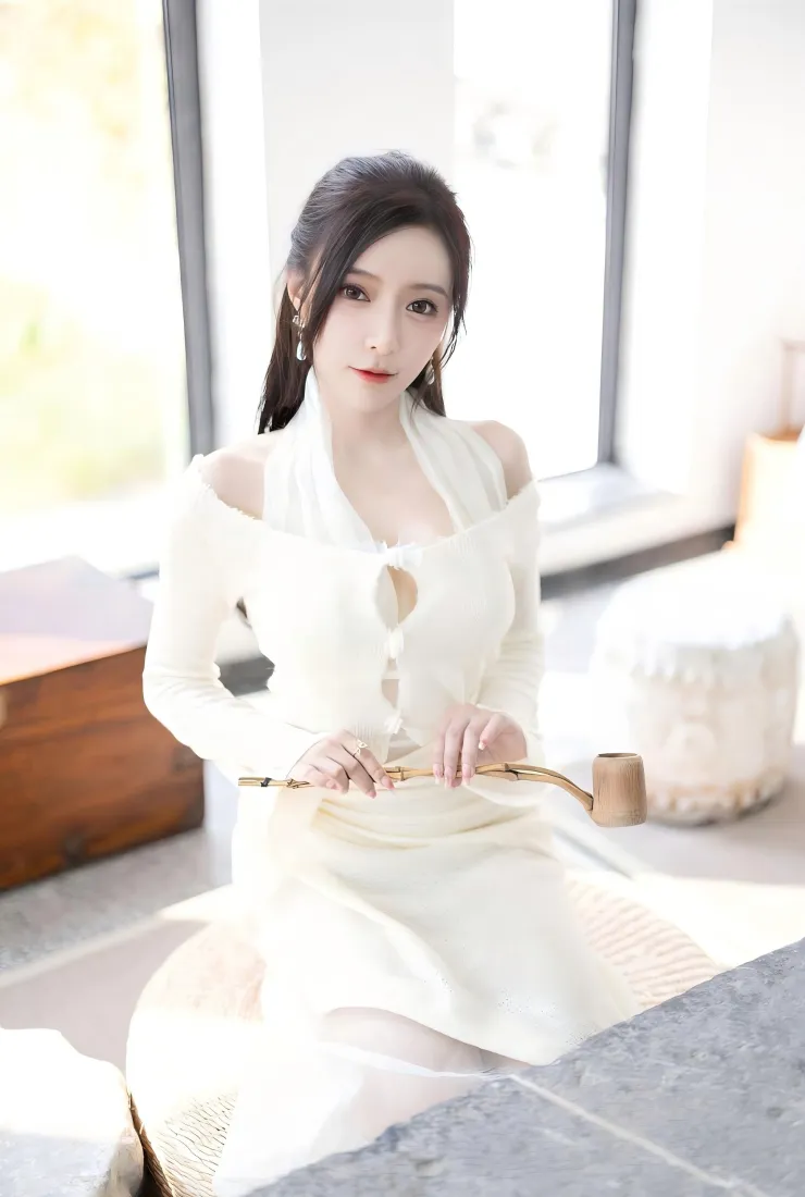 美女模特手机壁纸｜白色连衣裙室内背景图片 - 时尚写真「哲风壁纸」