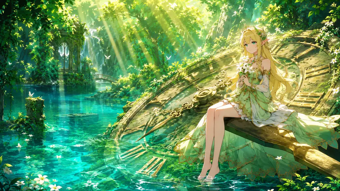 4k精灵少女壁纸｜森林溪流背景图片 - 金发二次元少女「哲风壁纸」