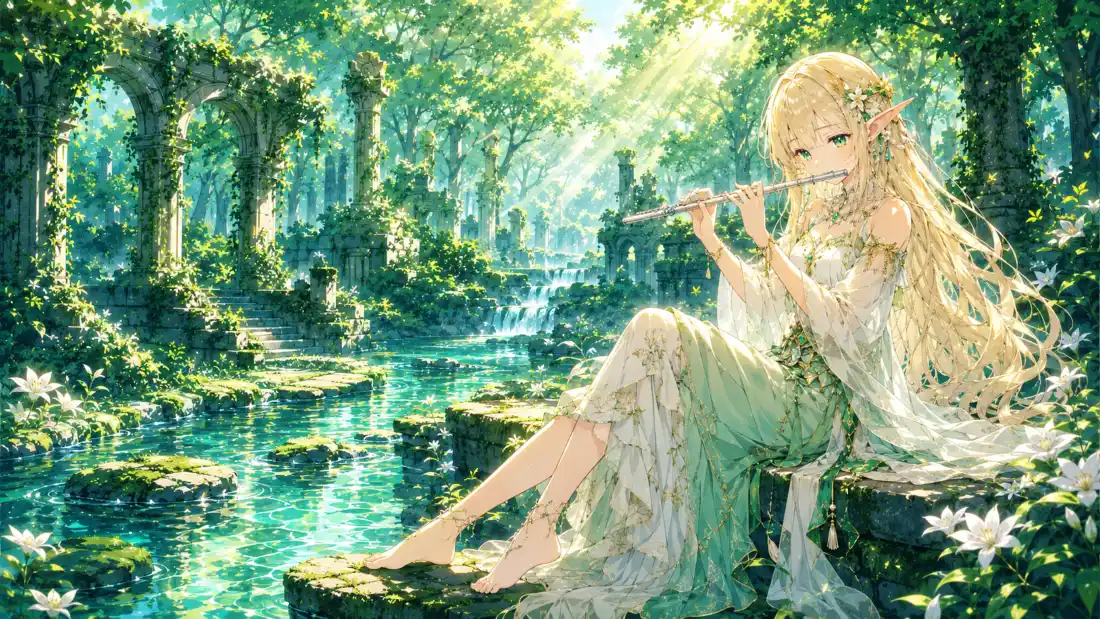4k精灵少女壁纸｜林间溪流背景图片 - 吹笛治愈插画「哲风壁纸」