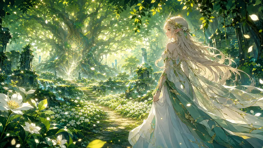 4k森林精灵少女壁纸｜林间光斑背景图片 - 二次元治愈插画「哲风壁纸」
