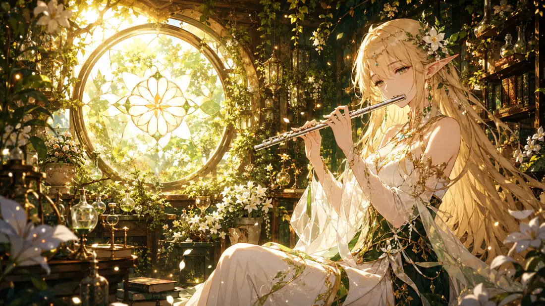 4k精灵少女壁纸｜阳光花房吹笛背景图片 - 二次元插画「哲风壁纸」